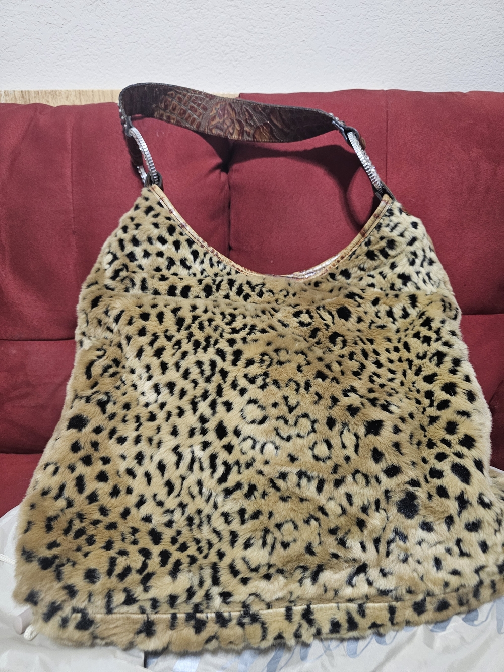 Leopard Print Faux Fur Shoulder Bag - Tan/Black